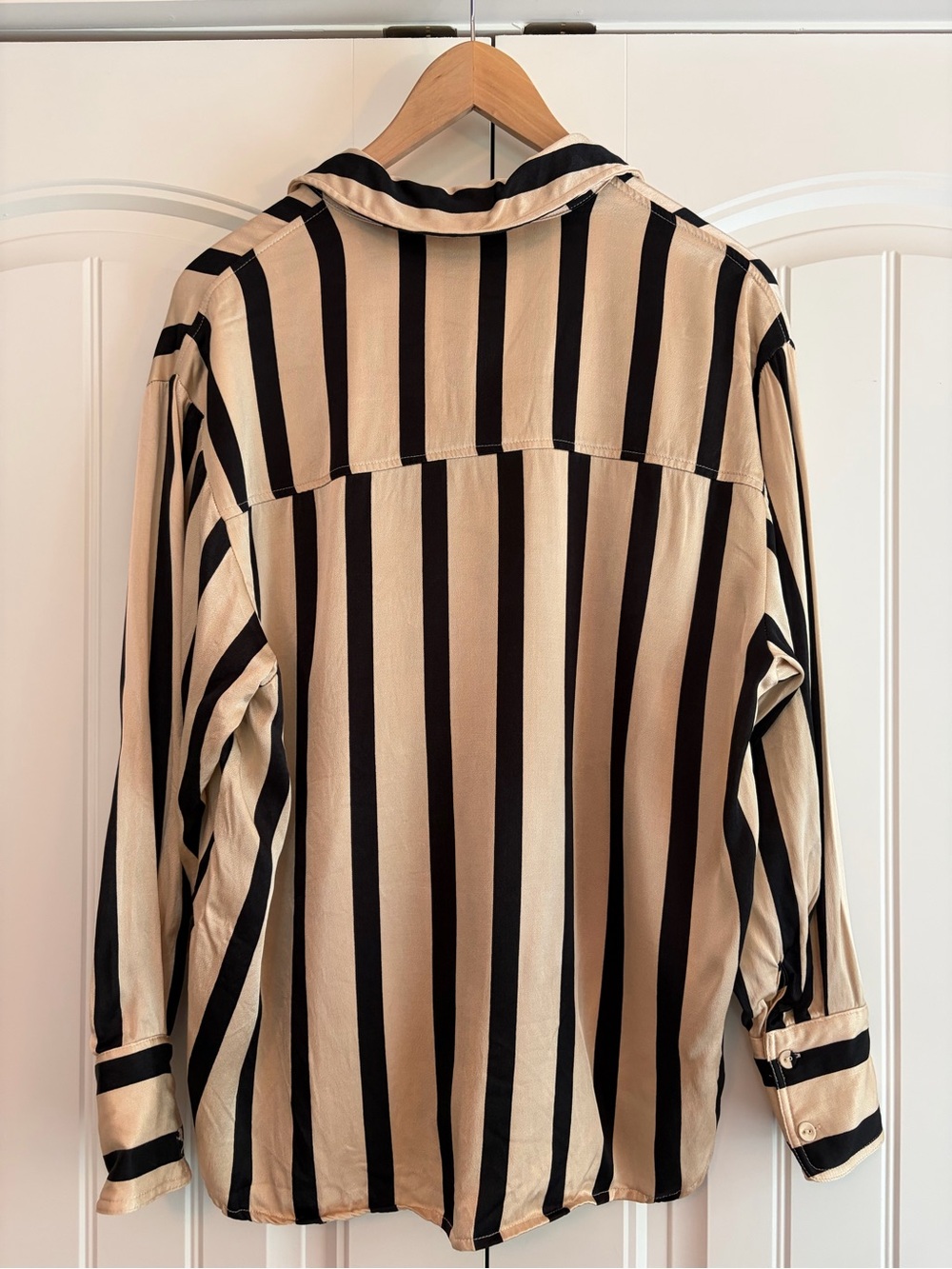DISSH Satin Long Sleeve Button Up Blouse Beige Black Striped Women's Sz 2 - Picture 5 of 9